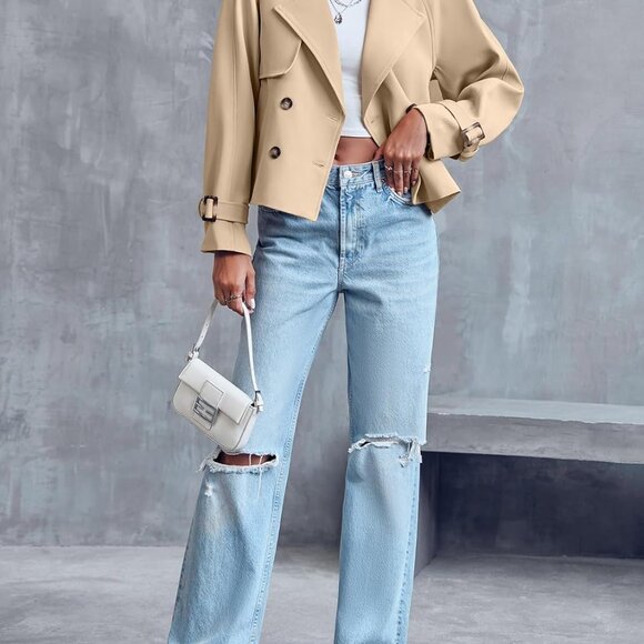 Women Crop Double Breasted Trench Coat Raglan Sleeve Work Office Cropped Jacket - Picture 4 of 6